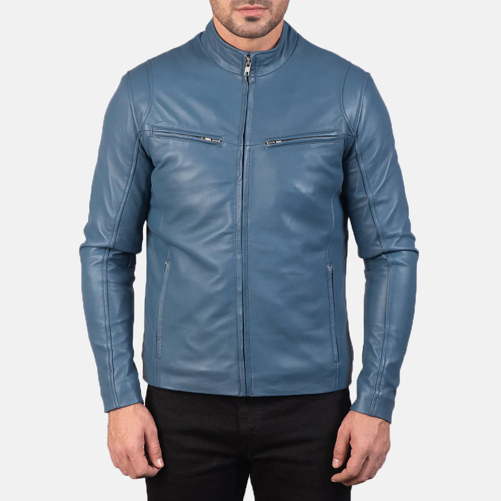 Lush Wear blue leather biker jacket with zippered pockets and stand collar on male model