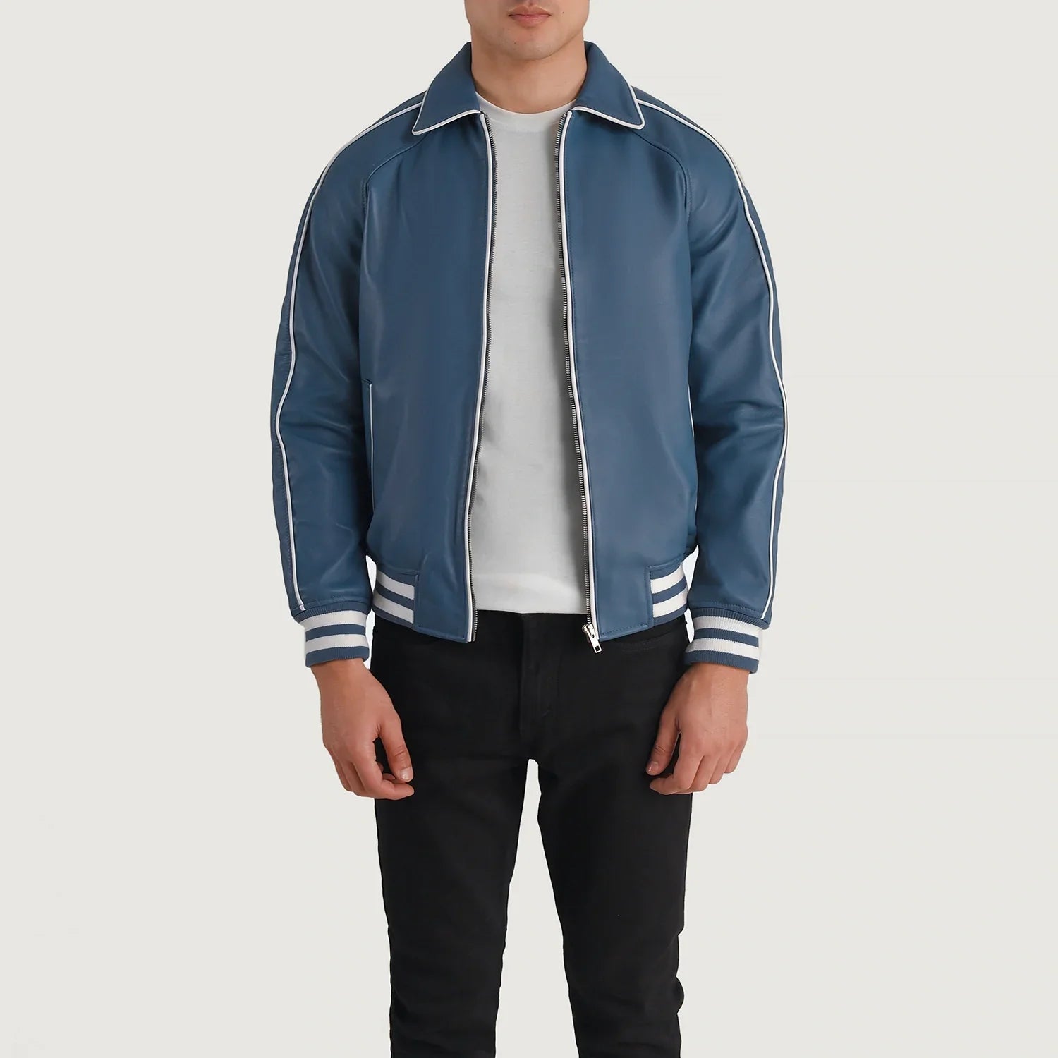 Blue leather varsity jacket with white stripe detailing from Lush Gear on a male model