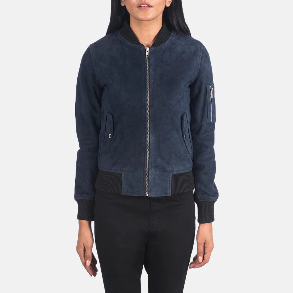Lush Gear blue suede bomber jacket with front zipper and ribbed cuffs on female model