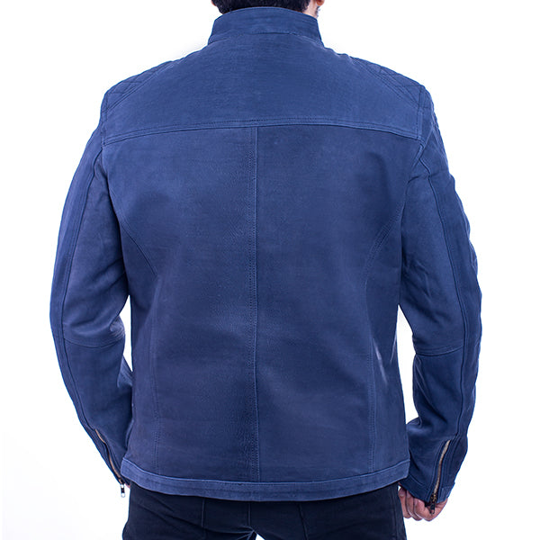 Back view of blue suede jacket for men by Lush Wear with zippered cuffs and smooth finish