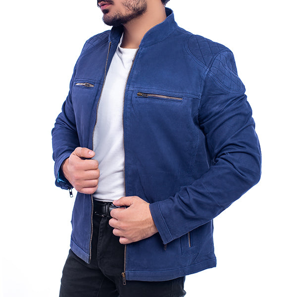 Lush Gear blue suede jacket for men with zippered chest pockets and quilted shoulder detail