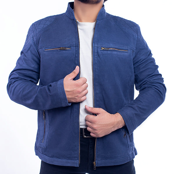 Lush Gear blue suede jacket for men with zippered chest and side pockets on model