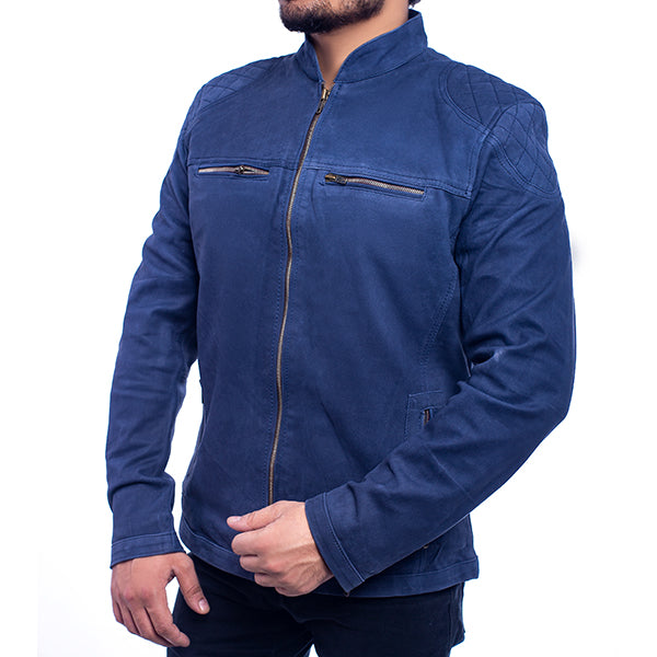 Lush Gear blue suede jacket for men with zippered chest pockets and a stand collar
