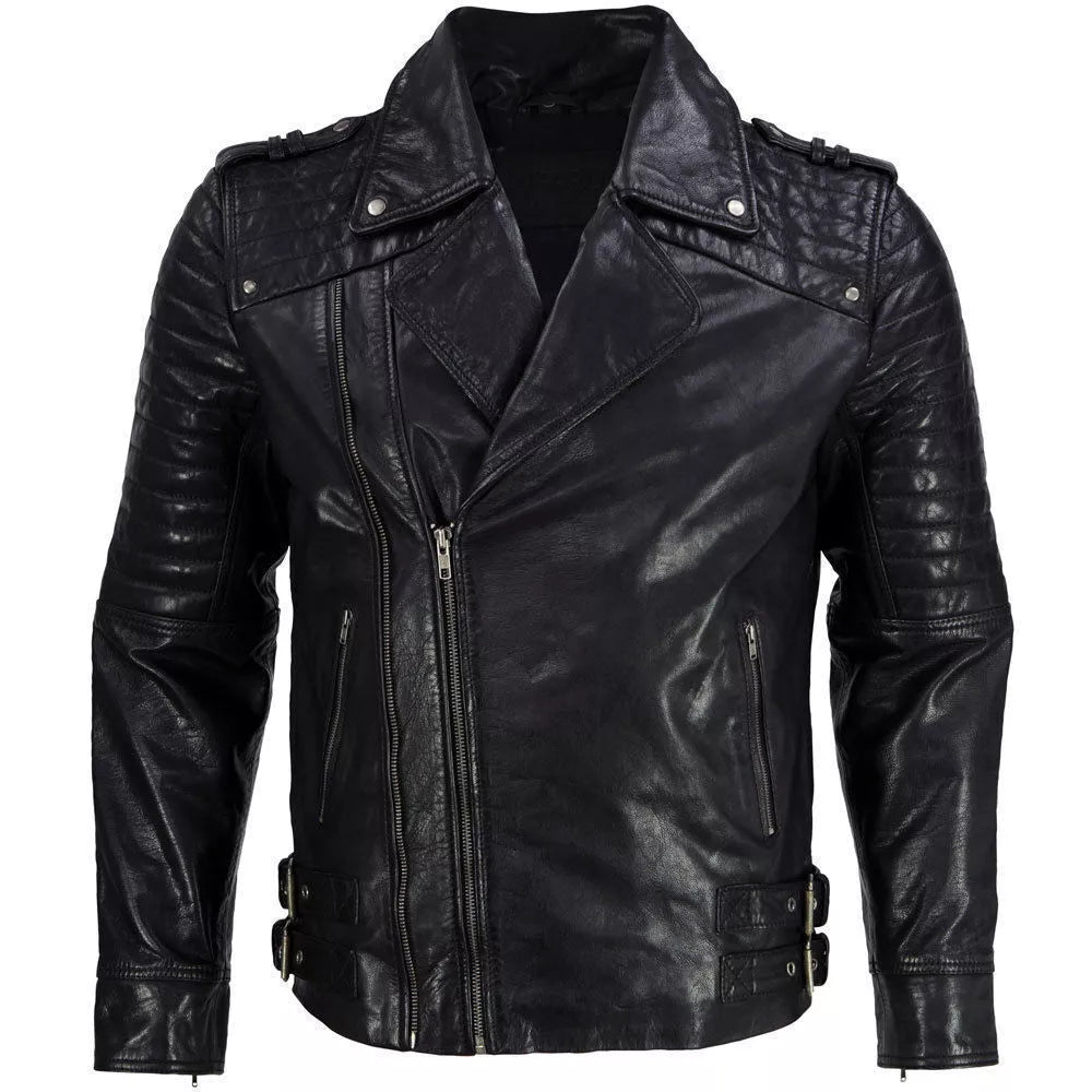 Brando Men Slim Lambskin Leather Coat Motorcycle jacket in black with zipper and buckle details