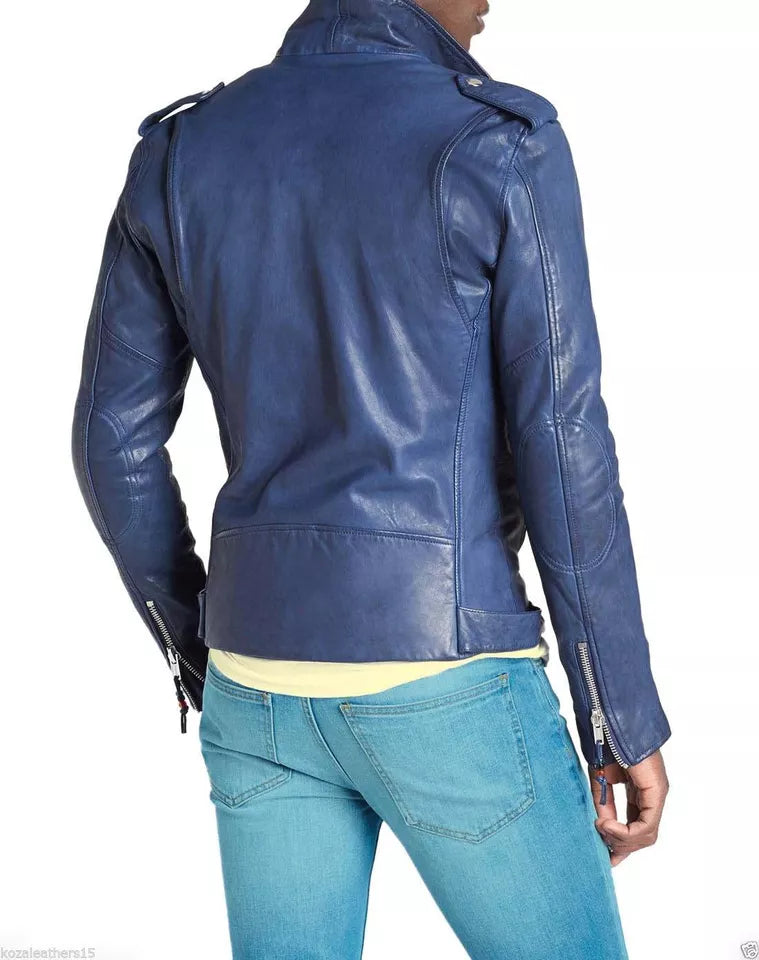 Back view of Brando Men's Blue Classic Fitted Motorcycle Biker Napa Soft Real Leather Jacket by Lush Wear