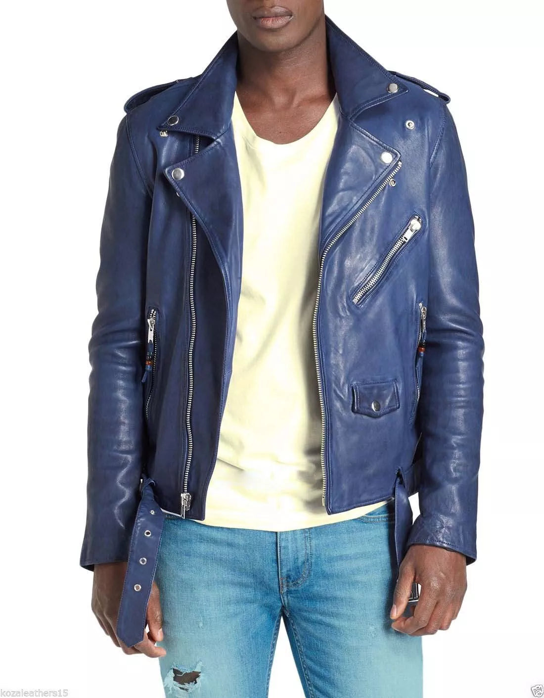 Brando Men's Blue Classic Fitted Motorcycle Biker Napa Soft Real Leather Jacket worn by model with white shirt and jeans