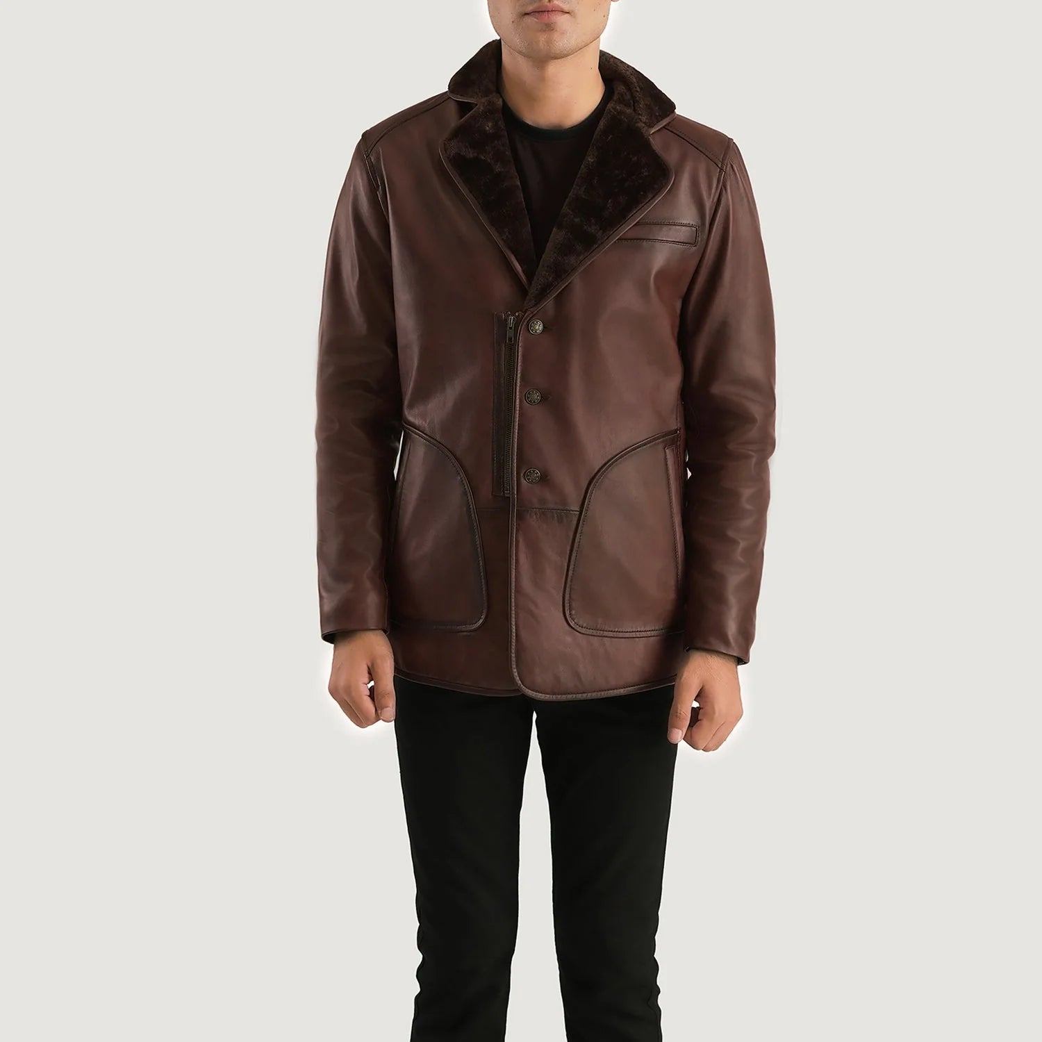 Lush Gear brown fur leather coat with button closure and fur collar worn by man