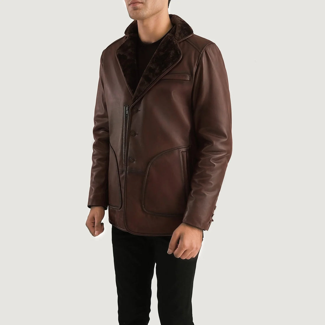 Lush Gear brown fur leather coat with a soft fur collar and front pockets for stylish warmth