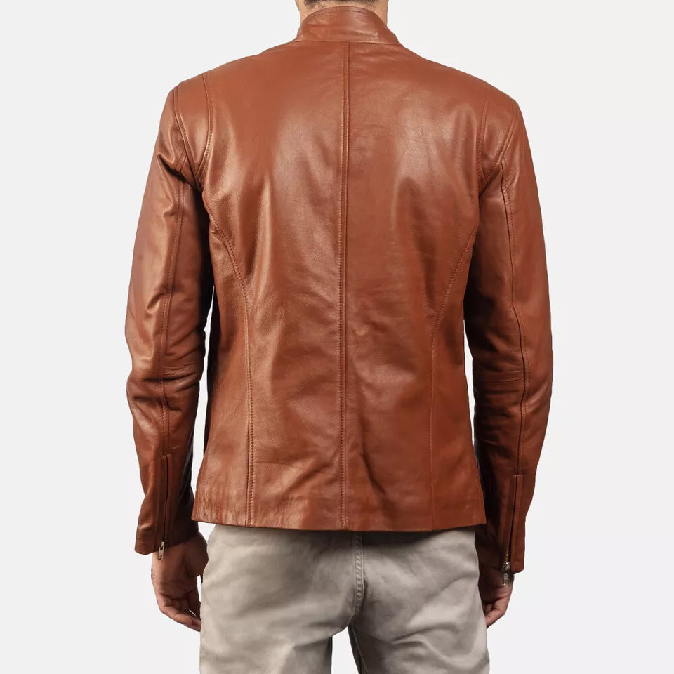 Back view of man wearing brown leather biker jacket by Lush Gear with zippered cuffs