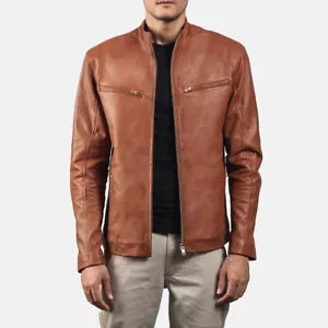 Lush Gear brown leather biker jacket with zipper pockets and a stand collar on male model