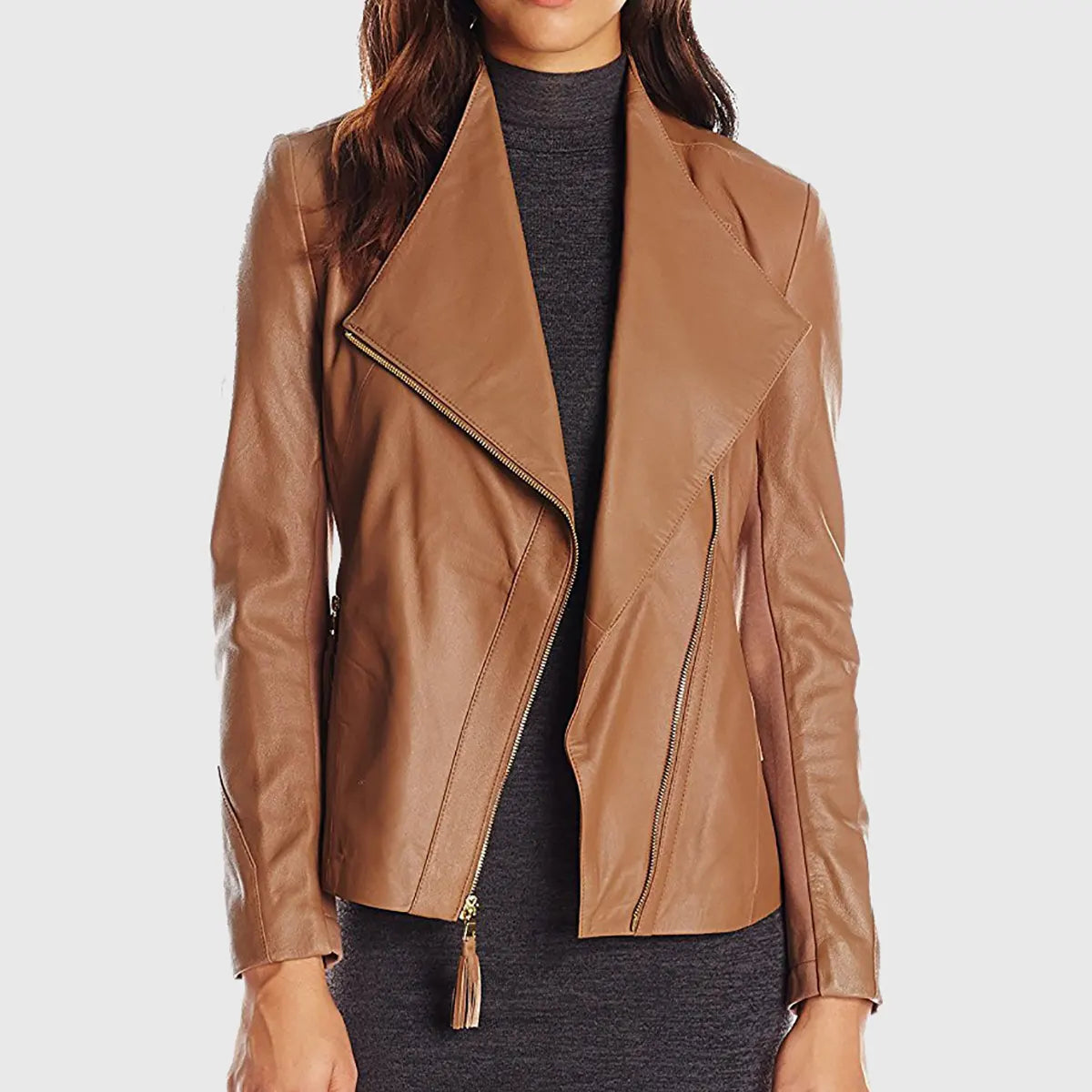 Lush Gear brown leather biker jacket with asymmetrical zipper and draped collar on model