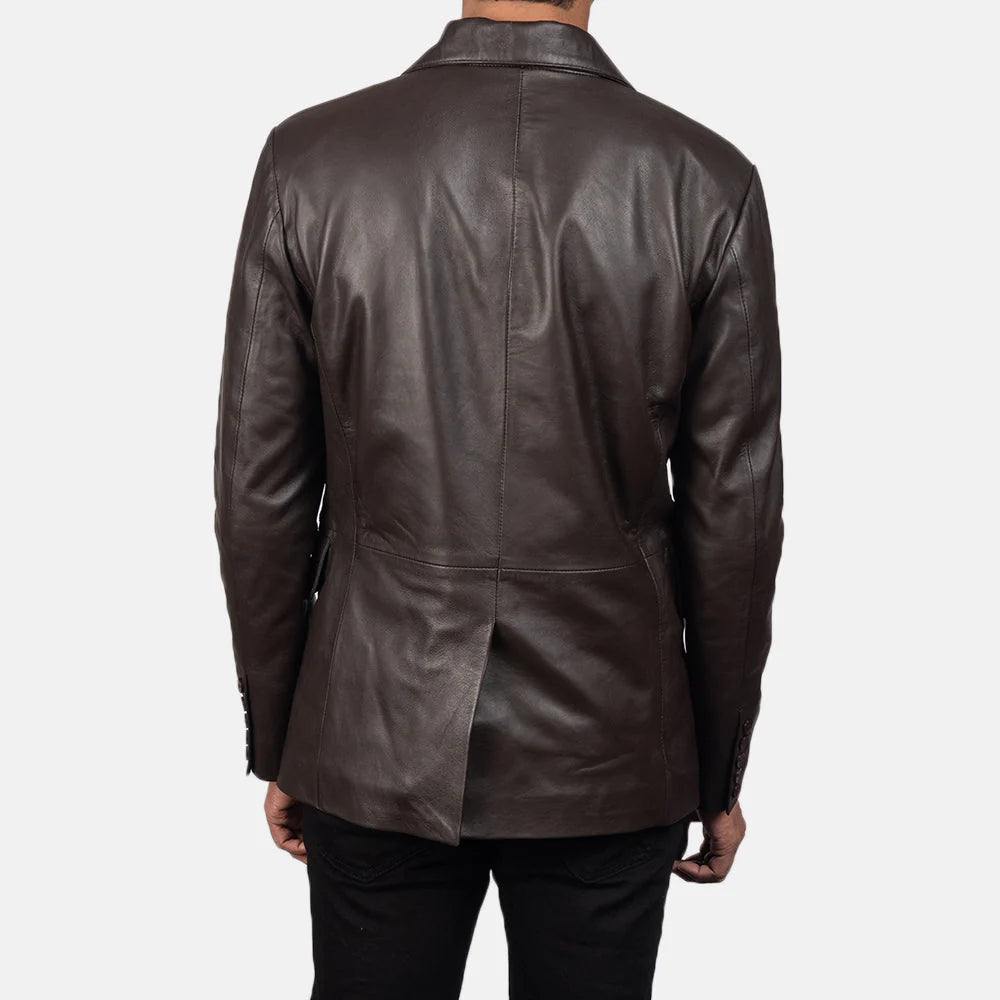 Back view of brown leather blazer for men by Lush Gear featuring a tailored fit and center back vent
