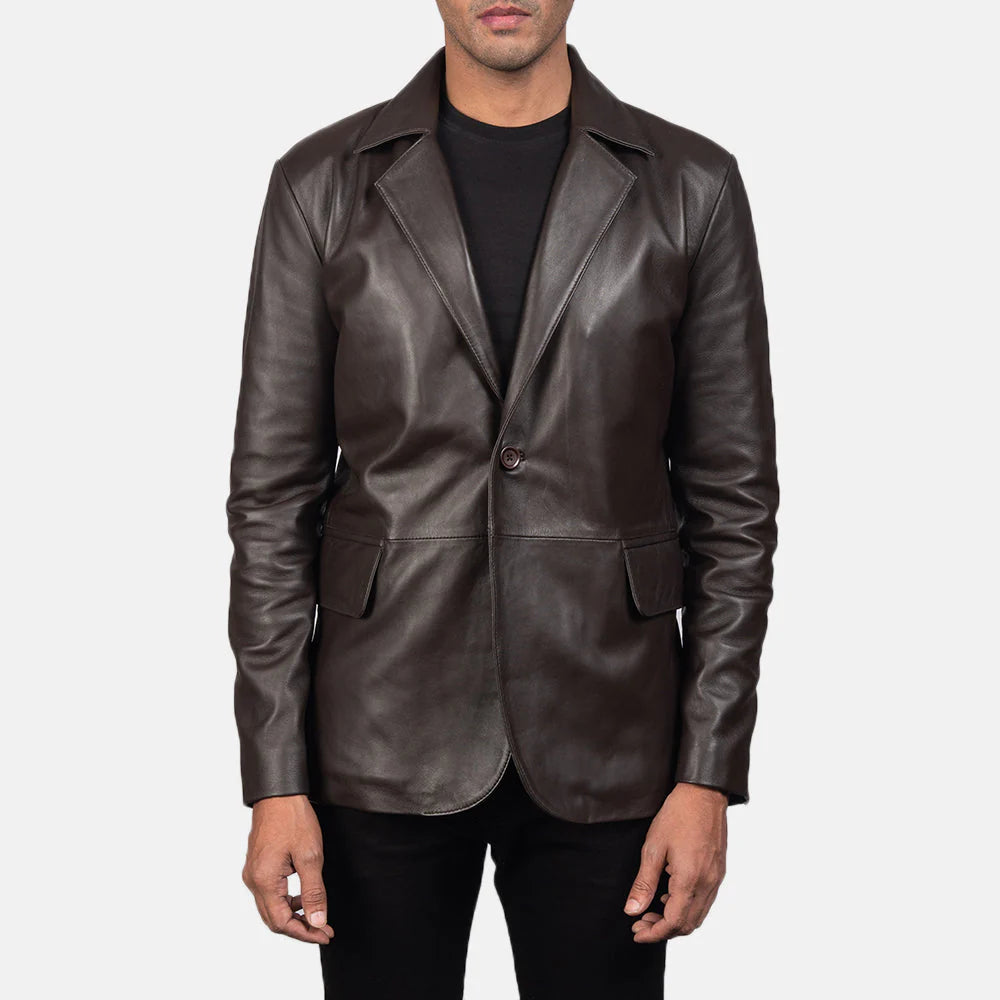 Lush Gear brown leather blazer for men with single button closure and notch lapel collar