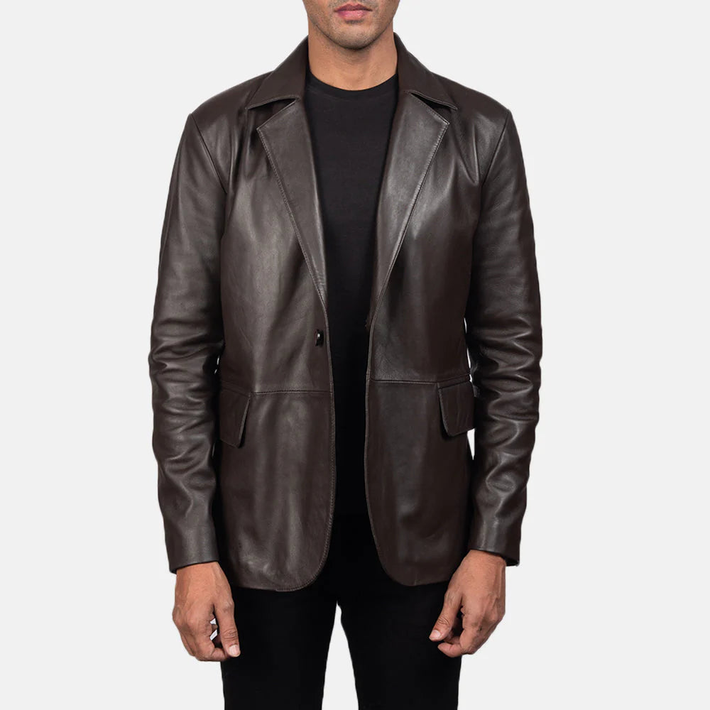 Lush Gear brown leather blazer for men with lapel collar and front pockets styled on model