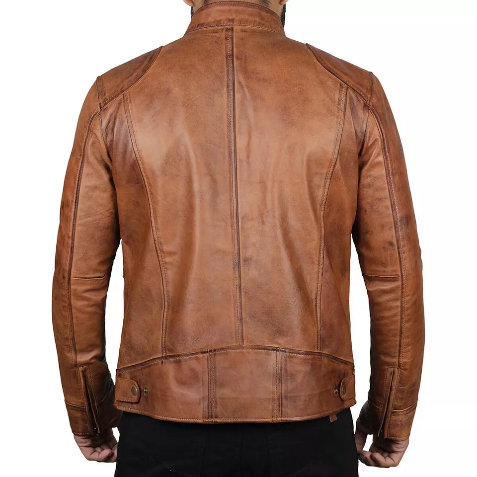 Back view of brown leather bomber jacket men by Lush Gear with detailed stitching and adjustable waist tabs