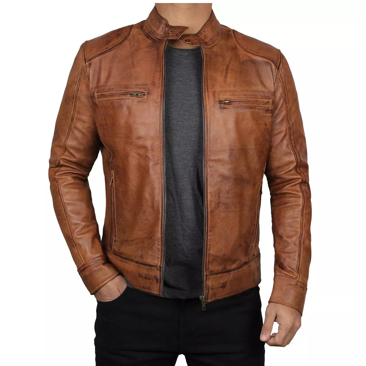 Brown leather bomber jacket men with zippered front and chest pockets on model from Lush Gear
