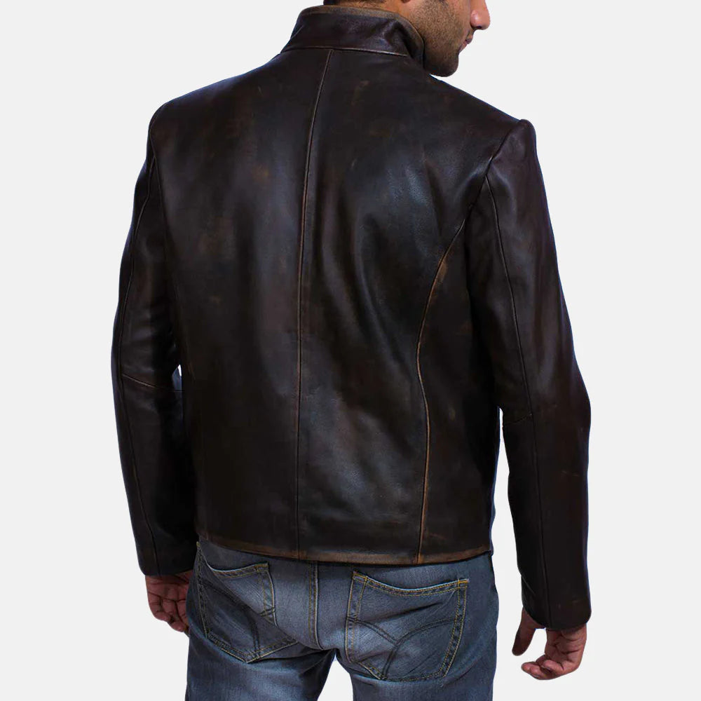 Back view of a man wearing a brown leather jacket for men by Lush Wear with a sleek design