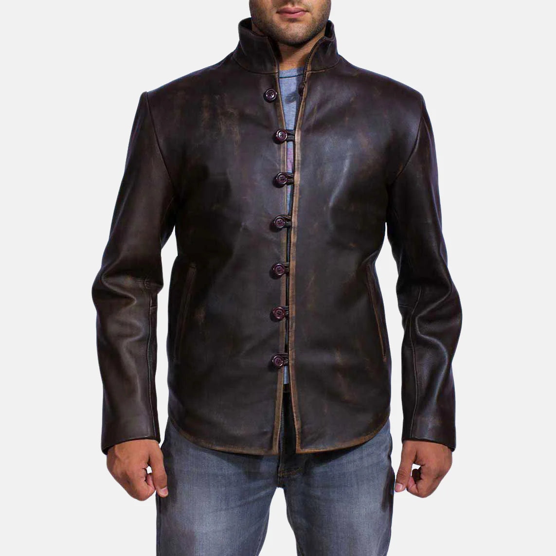 Lush Wear brown leather jacket for men with button closure and high collar styled on model