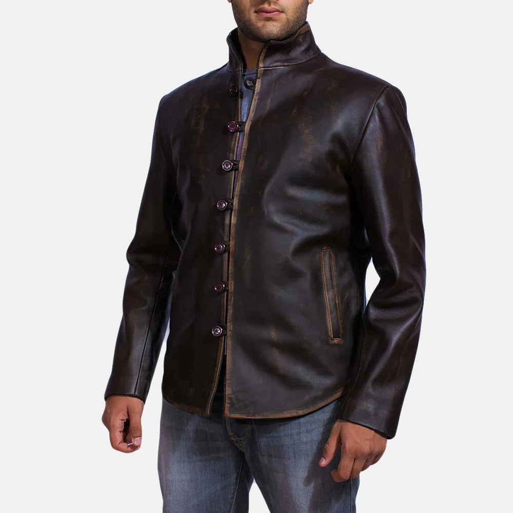 Lush Wear brown leather jacket for men with buttoned front and stand collar design