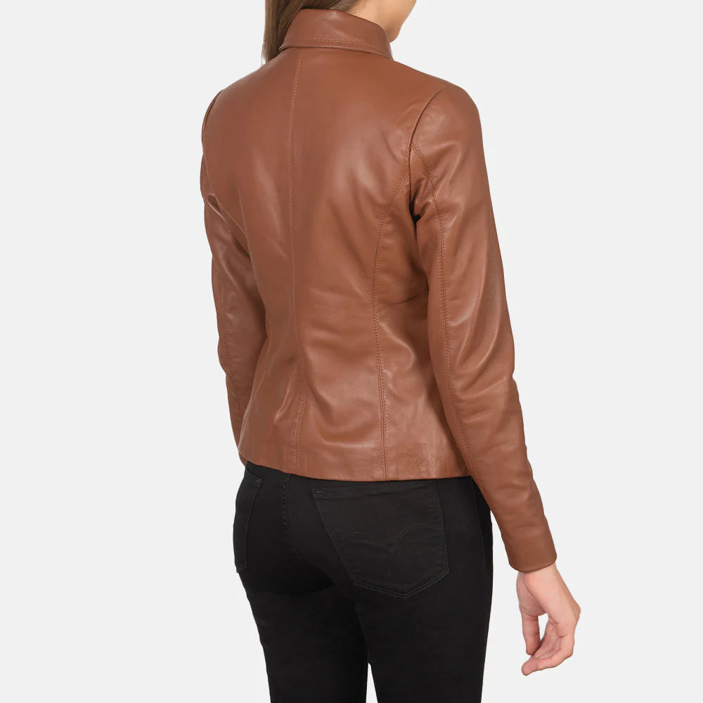 Back view of brown leather jacket for women worn with black pants, slim fit and high collar