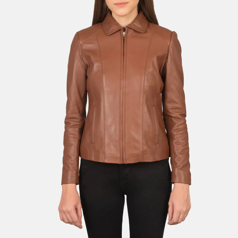 Lush Gear brown leather jacket for women with front zipper and classic collar design