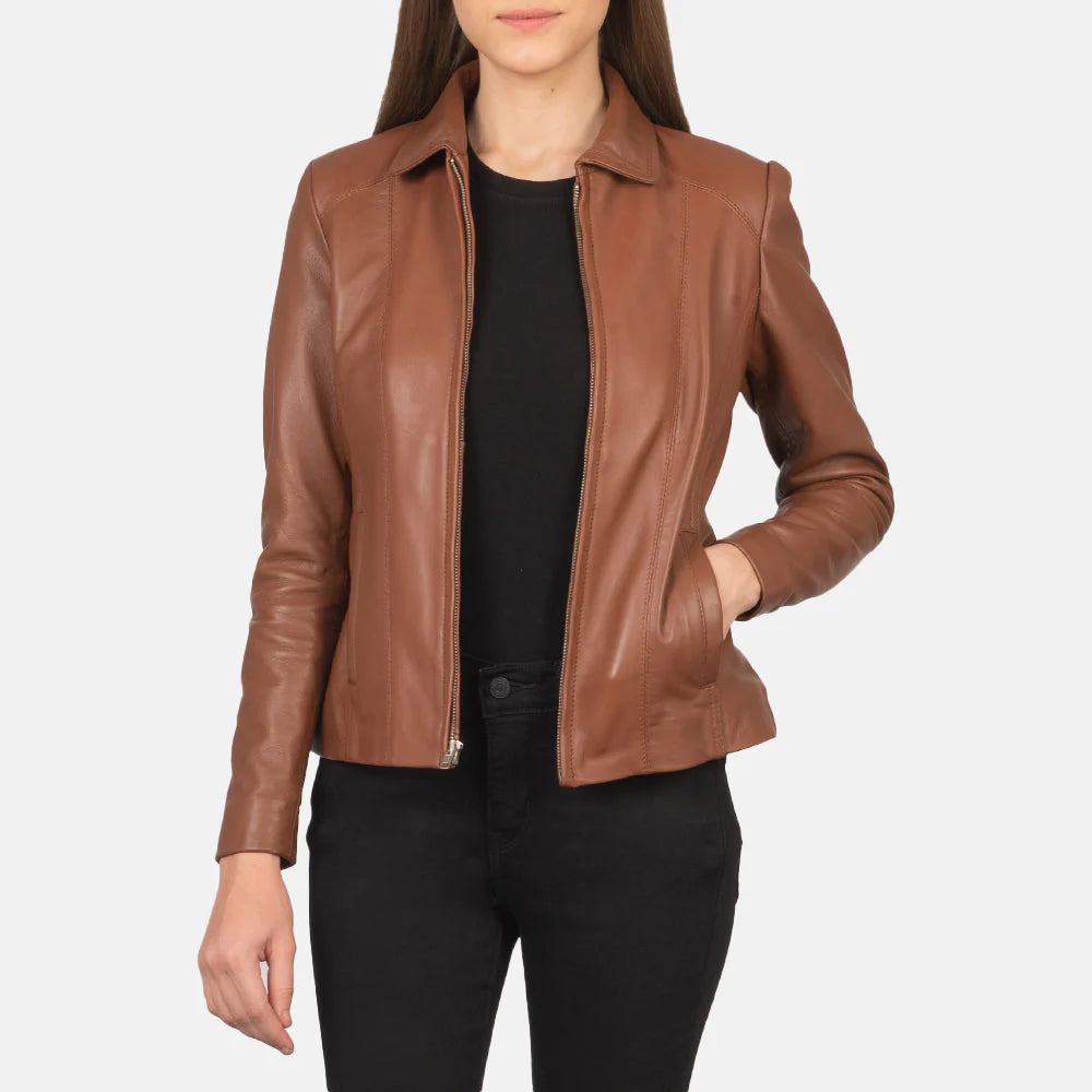 Lush Gear brown leather jacket for women styled with a black top and black pants