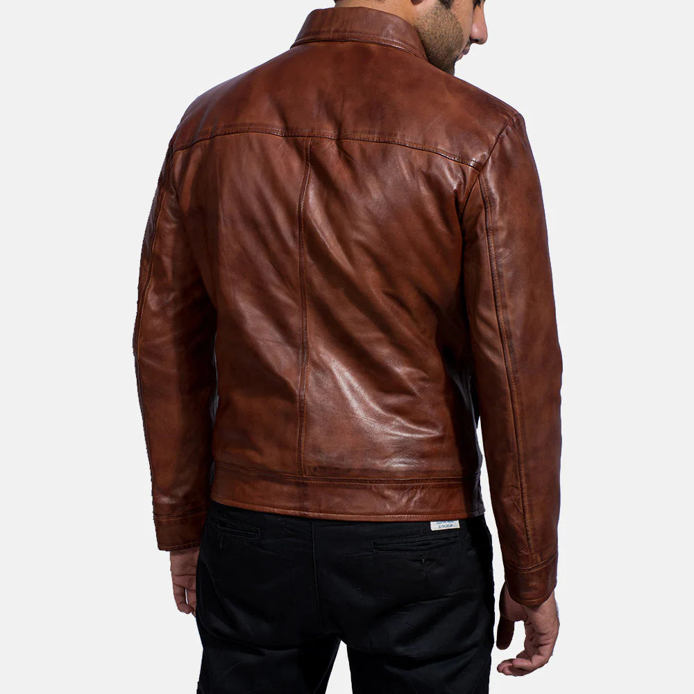Back view of a man wearing a brown leather jacket men style by Lush Wear with a smooth finish