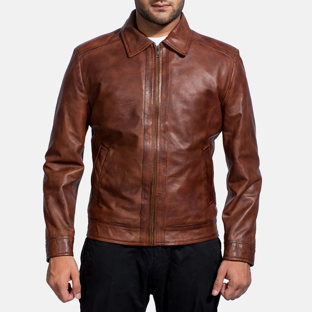 Lush Gear brown leather jacket men with front zipper and classic collar design