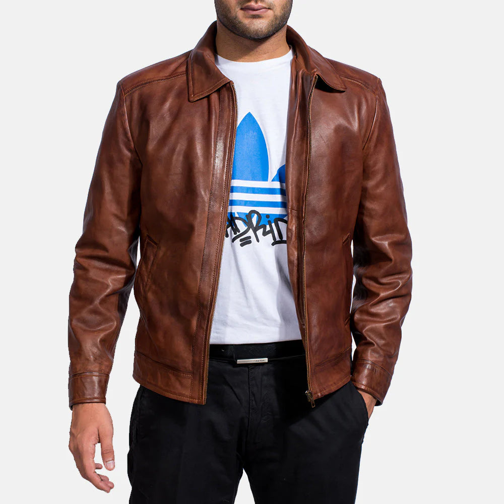 Lush Gear brown leather jacket men with front zipper and classic collar on model wearing white graphic tee