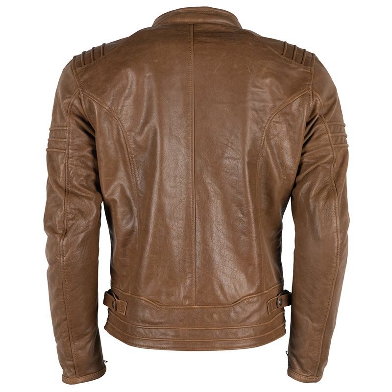 Back view of brown leather motorcycle jacket by Lush Gear with padded shoulder and adjustable waist straps