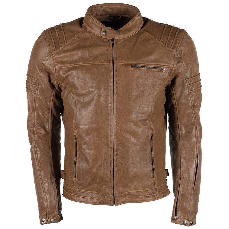 Lush Gear brown leather motorcycle jacket with zippered pockets and padded shoulders
