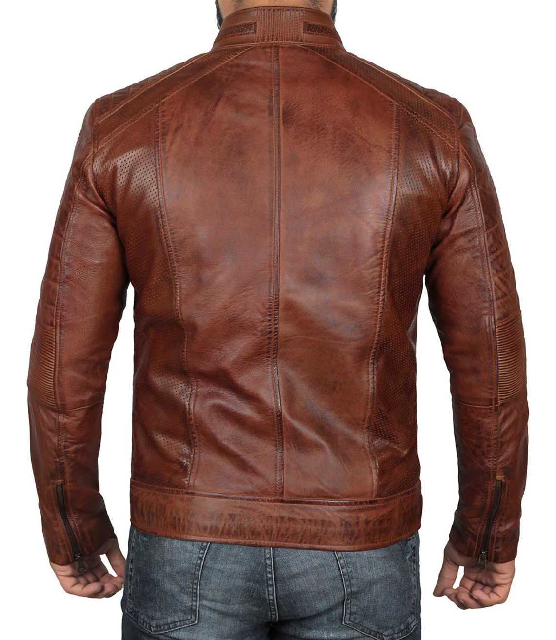 Back view of brown leather motorcycle jacket men worn with zipper details on sleeves and textured panels