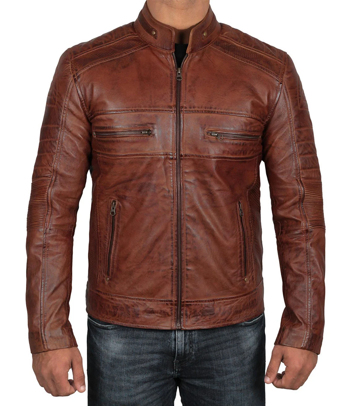 Lush Gear brown leather motorcycle jacket men with zippered pockets and quilted shoulder details