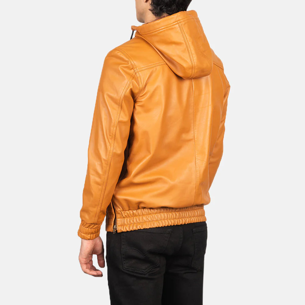 Back view of man wearing brown leather pullover jacket with hood and elastic waistband