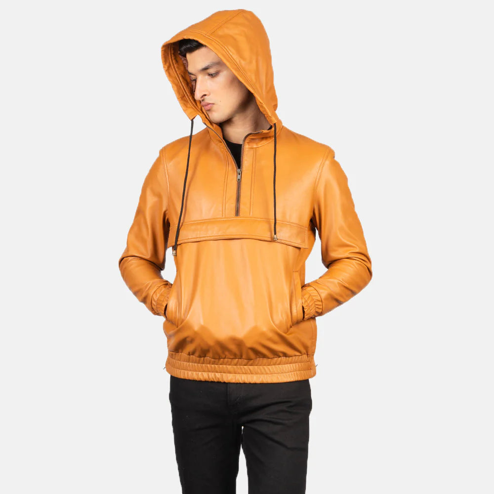 Lush Gear brown leather pullover jacket with hood and front pocket worn by male model