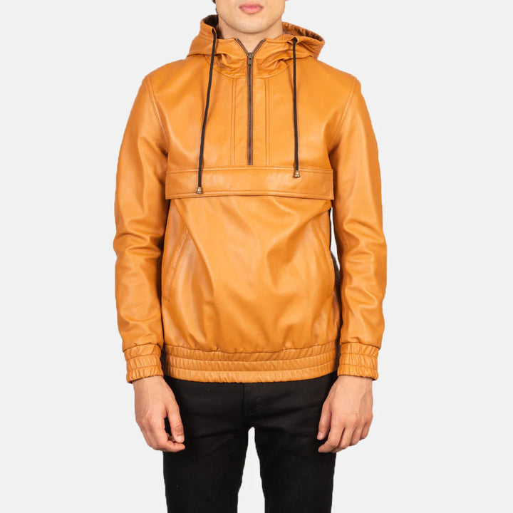 Lush Gear brown leather pullover jacket with hood and front zipper on male model