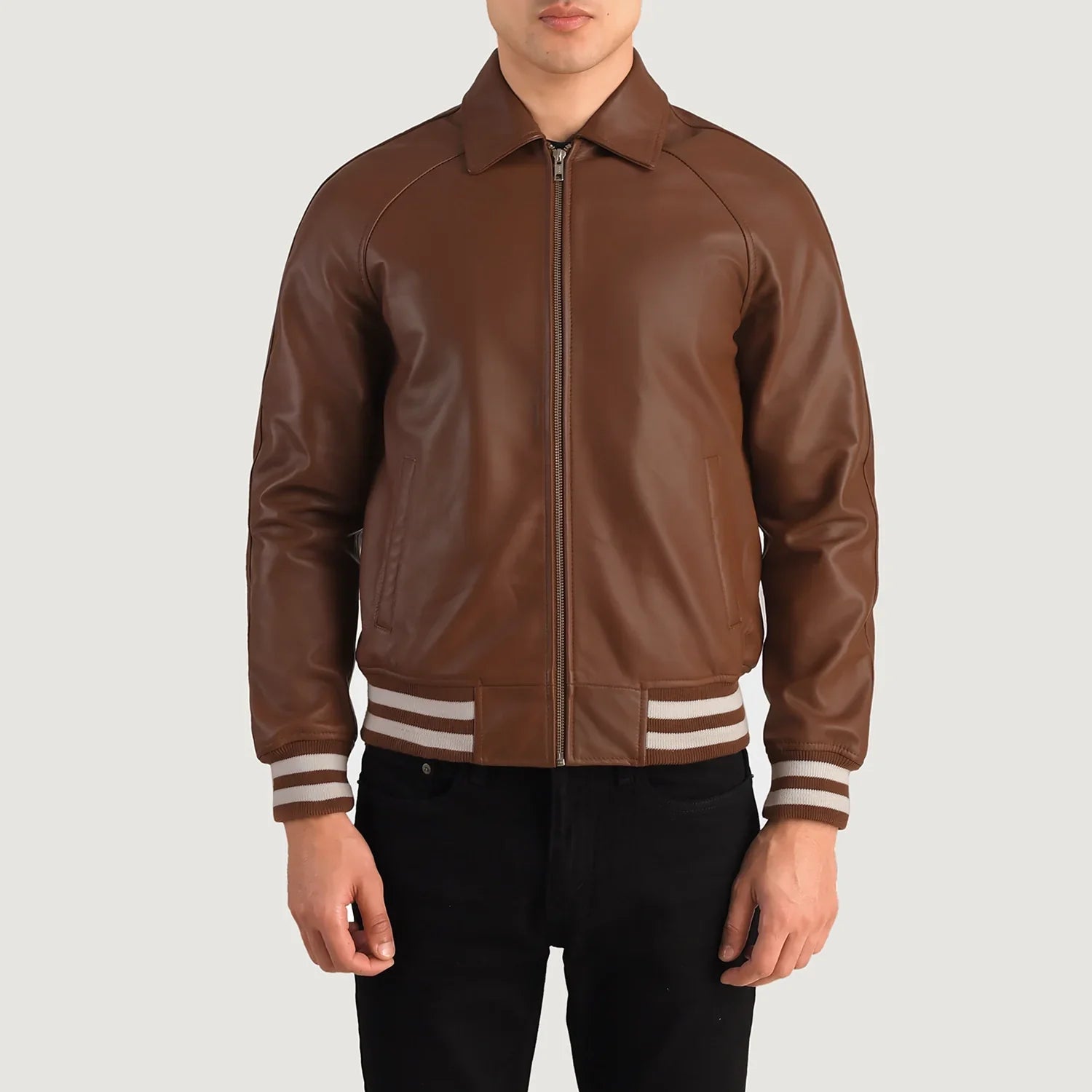 Lush Gear brown leather varsity jacket with striped cuffs and waistband, front zip closure
