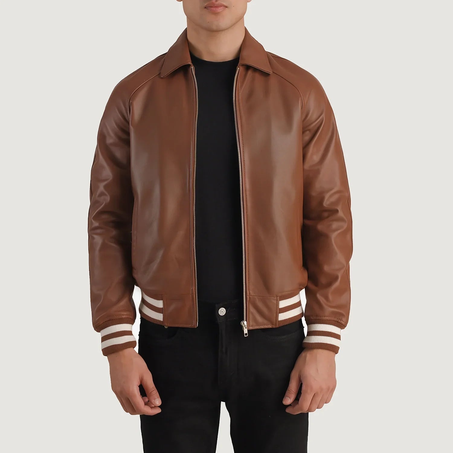Lush Gear brown leather varsity jacket with striped cuffs and collar worn over black shirt