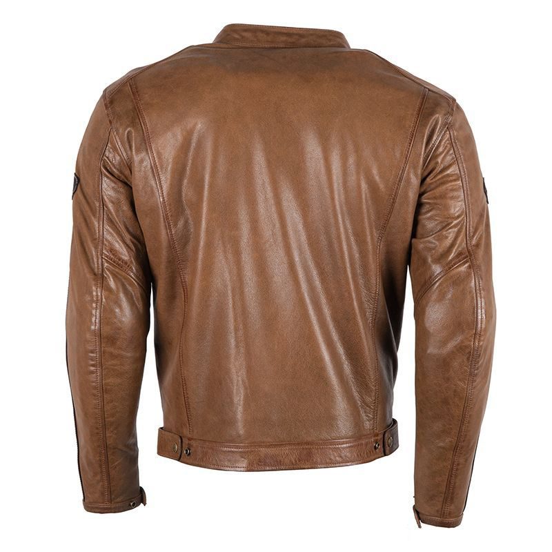 Back view of brown motorcycle leather jacket by Lush Gear with detailed stitching and adjustable waist straps