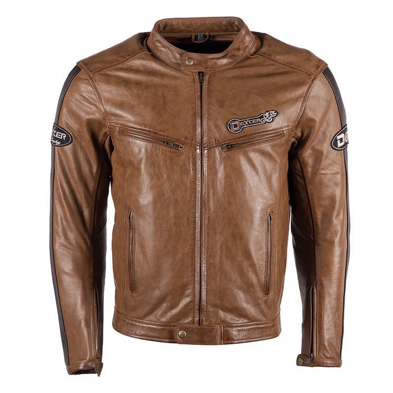 Lush Gear brown motorcycle leather jacket with front zipper and logo patches on chest and sleeves