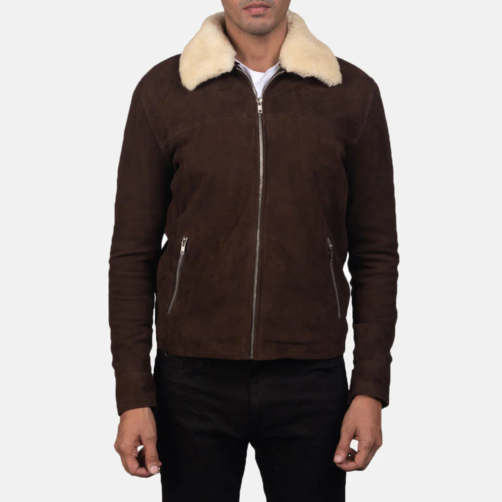Brown shearling fur jacket with cream fur collar and front zipper by Lush Wear