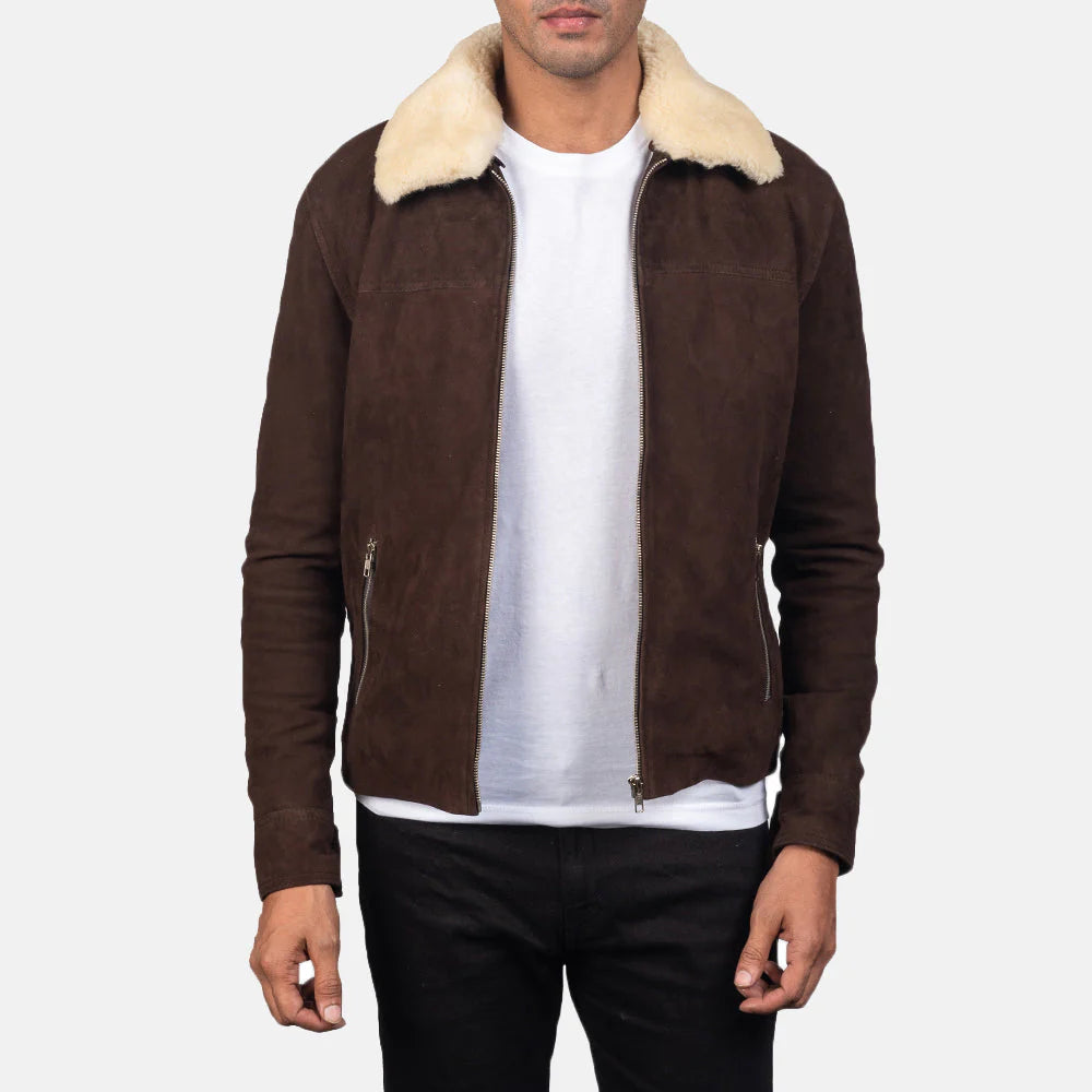 Men's brown shearling fur jacket with cream collar from Lush Gear styled with white shirt and black pants