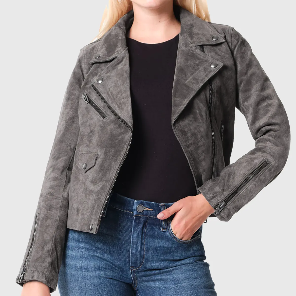 Lush Gear brown suede biker jacket with zipper details worn with black top and blue jeans