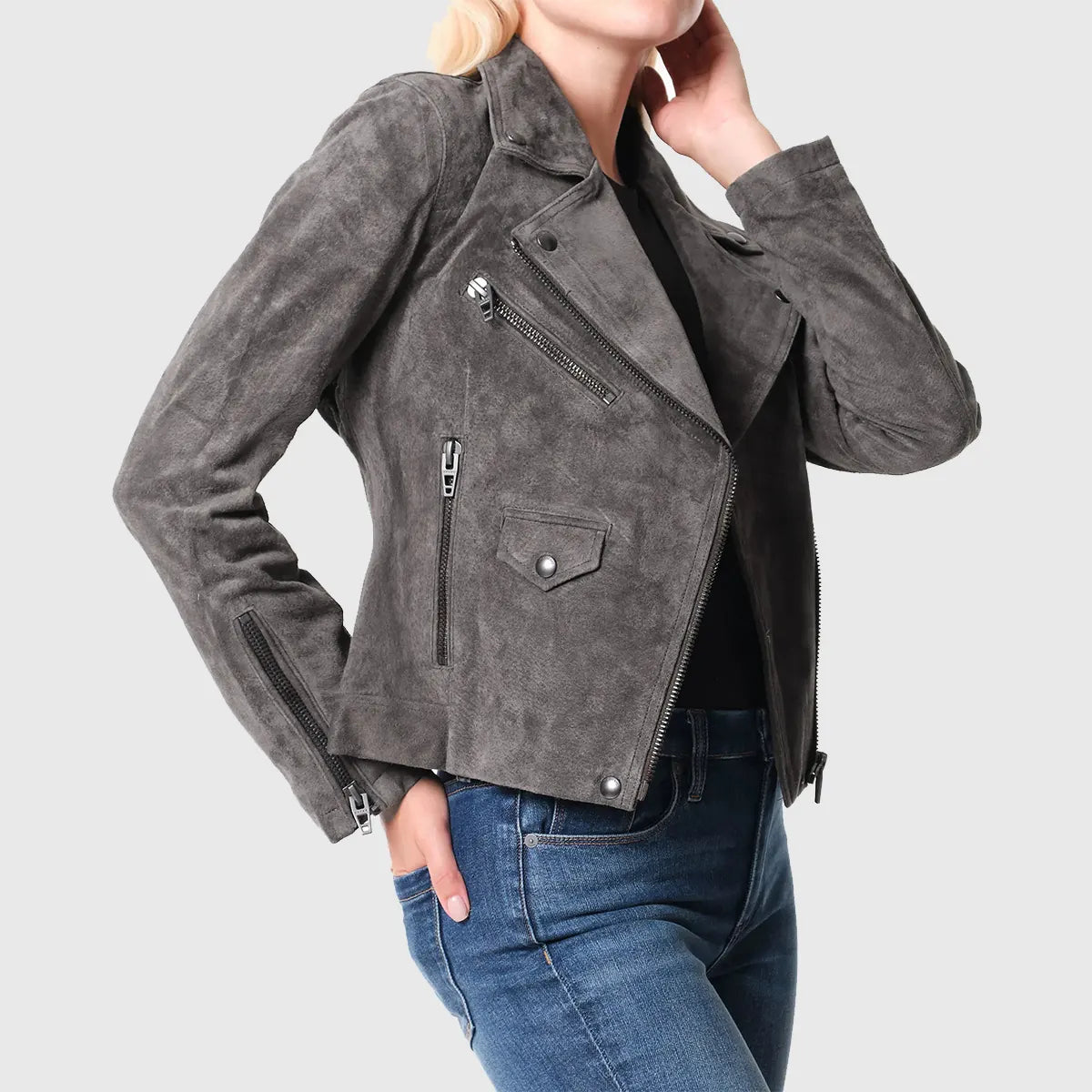 Lush Gear brown suede biker jacket with multiple zippered pockets and tailored fit on female model