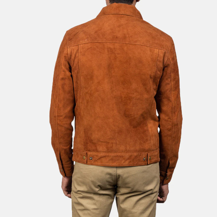 Back view of brown suede trucker jacket by Lush Gear worn with beige pants