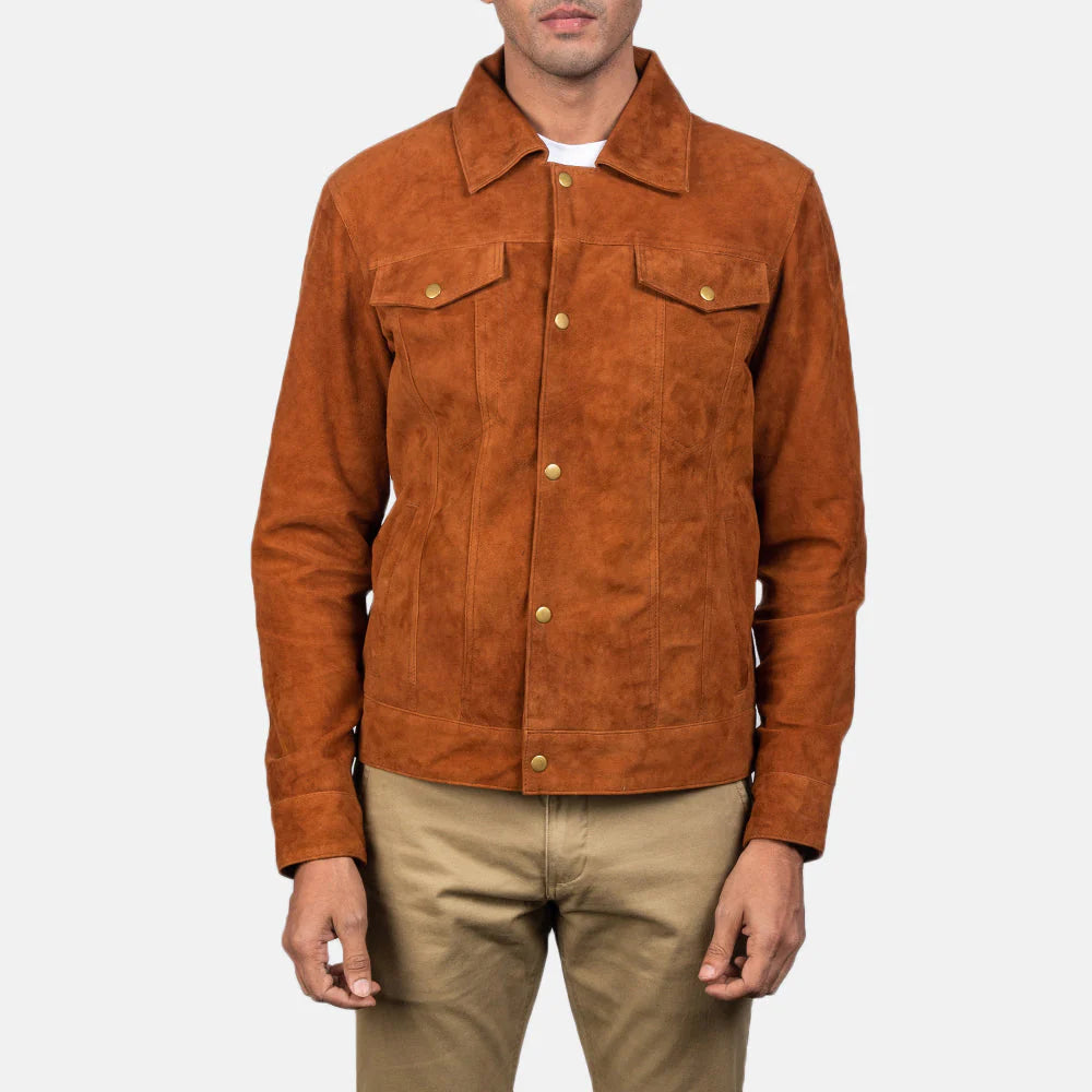 Lush Gear brown suede trucker jacket with button closures and chest pockets for men