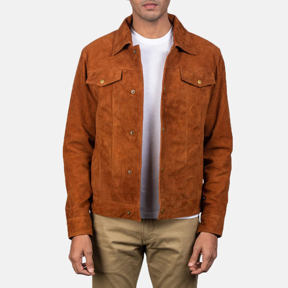 Lush Gear brown suede trucker jacket with front pockets worn over white shirt