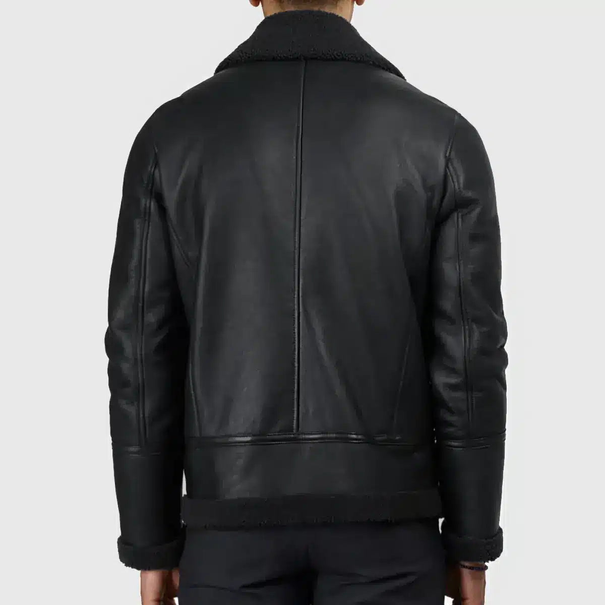 Back view of Carter Mens Black B-3 Bomber Leather Jacket with shearling collar by Lush Gear