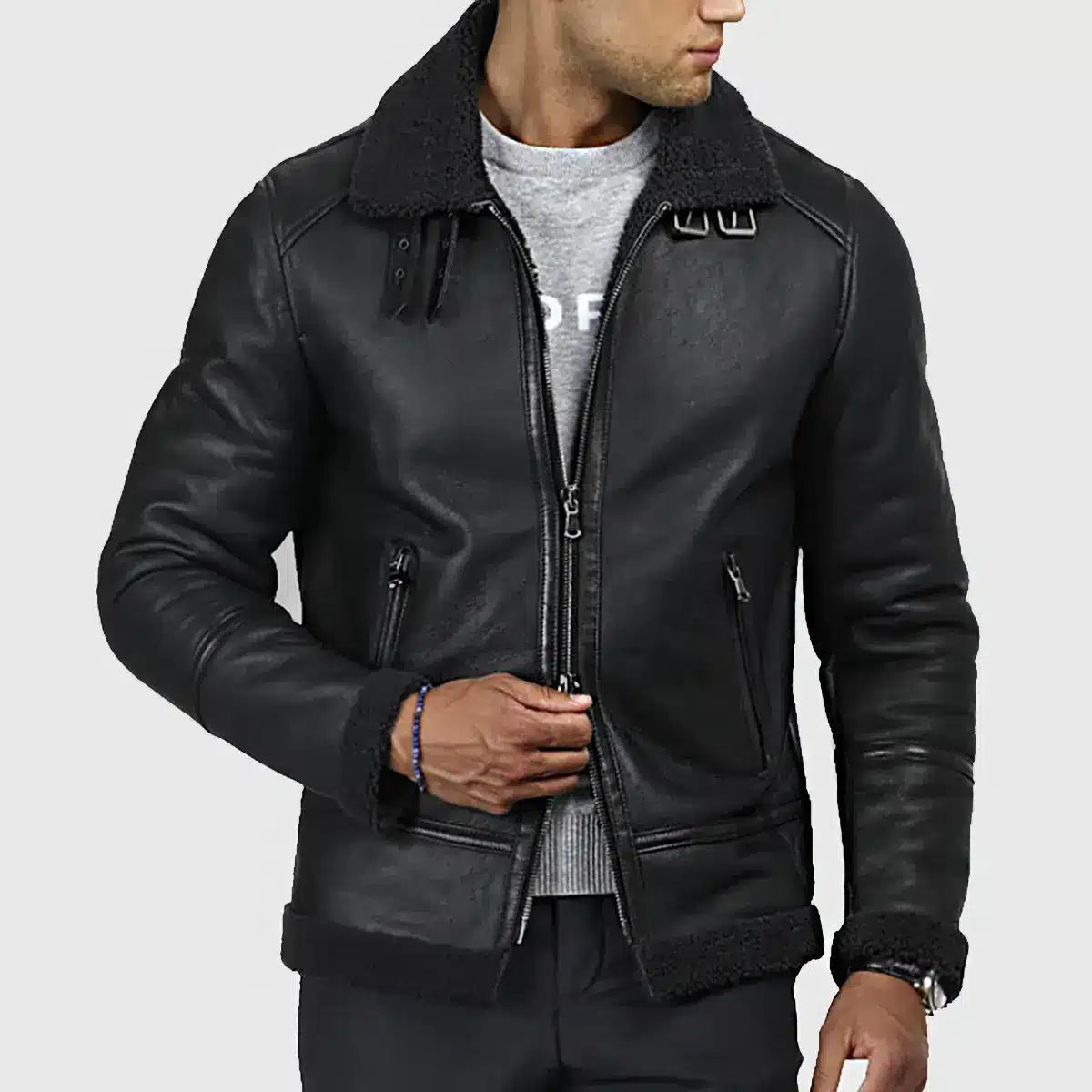 Carter Mens Black B-3 Bomber Leather Jacket with shearling collar and zippered front by Lush Gear