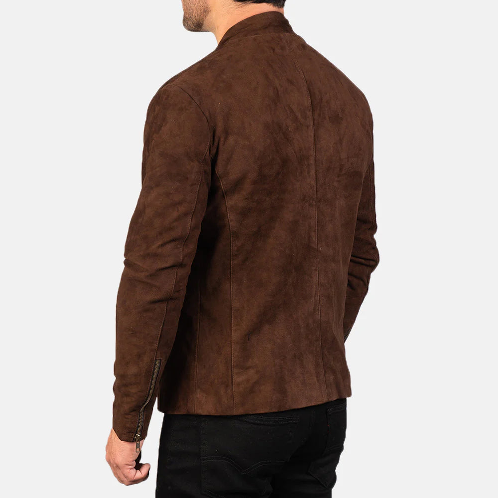 Lush Wear charcoal suede biker jacket shown from the back on a male model wearing black pants